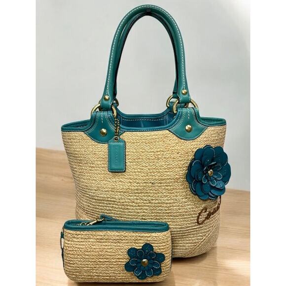 Y2K Coach F13373 Bleecker Straw Tote Bag & Wristlet - Picture 15 of 15